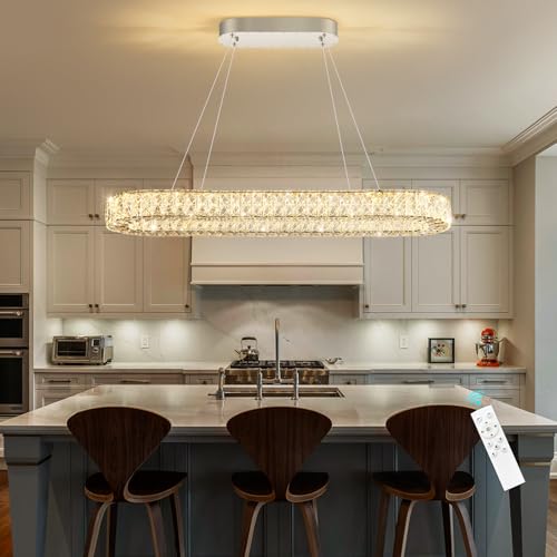 Oval Crystal Chandelier Modern Dimmable LED Chandeliers for Dining Room Rectangular Light Fixture with Remote for Living Room Kitchen Light Silver