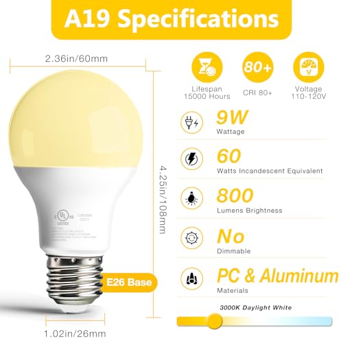 6 Pack LED Light Bulbs A19 E26 60 Watt Equivalent Warm White 3000K Standard Lightbulb (6 Count)