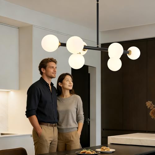Sputnik Black and Gold Chandelier Pendant Linear Light Modern Mid Century Light Fixture White Globe Shade for Dining Living Room Kitchen Island 8