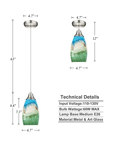 3pack Mini Pendant Lights Kitchen Island Hand Blown Art Glass Hanging Ceiling Pendant Light Over Kitchen Sink Glass Pendant Light Shade for Coffee Bar (3 Count)