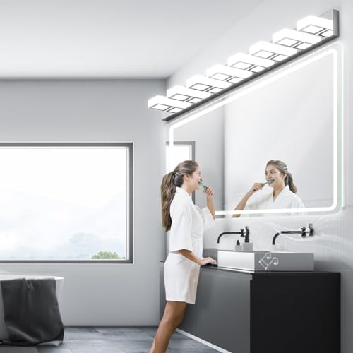 52" Modern Chrome Vanity Lights 8 Lights Acrylic Stainless Steel LED Vanity Light Fixtures Chrome Bathroom Lighting Over Mirror