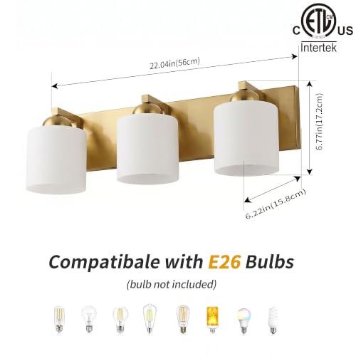 3 Light Brushed Gold Bathroom Vanity Light with White Glass Shades