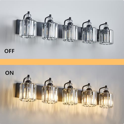 5 Light Black Bathroom Light Fixtures Over Mirror Modern Vanity Lights Crystal Wall Sconce Vintage Bathroom Lighting with Crystal Shade E26 Base for Bedroom