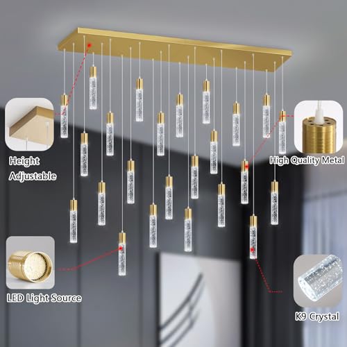 24 Lights Modern Crystal Chandeliers LED Pendant Light for Kitchen Island Dining Room Entrance Foyer Living Room 6000K Gold