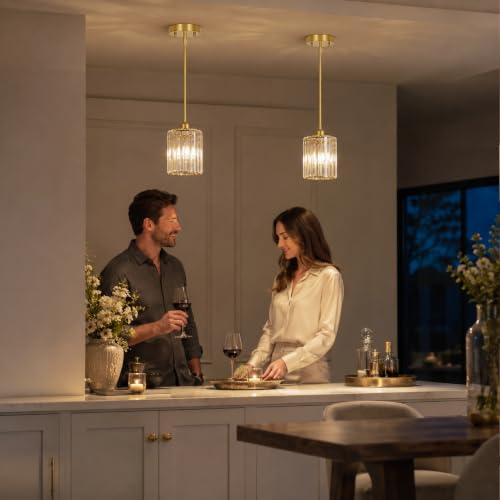 Brushed Gold Kitchen Pendant Lights Over Island with Adjustable Rods