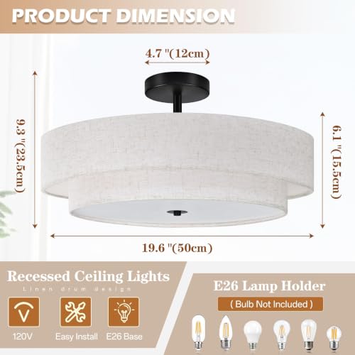 20" Modern 2 Layer Fabric Ceiling Light Black Classic Drum Light Fixture 5