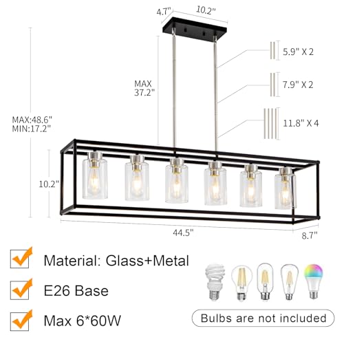 6 Lights Modern Dining Room Light Fixtures Over Table Black & Brushed Nickel Farmhouse Chandeliers Rectangular Pendent Lighting for Kitchen with Glass Shade Linear Hanging Industry Ceiling Light