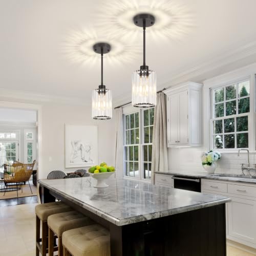 Black Pendant Lighting Over Island