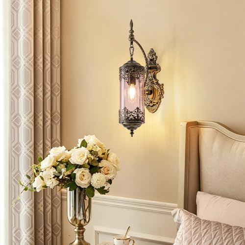 Antique Gothic Pink Glass Wall Sconce for Bedroom