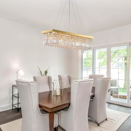 Modern Gold Crystal Chandelier Rectangle Chandeliers for Dining Room Rectangular Pendant Lighting Fixture for Kitchen Island Bedroom L31.5'' x W10'' x H10''