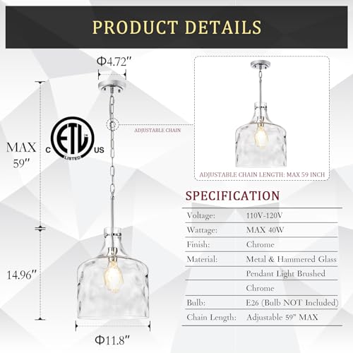16" Farmhouse Hammered Glass Pendant Light