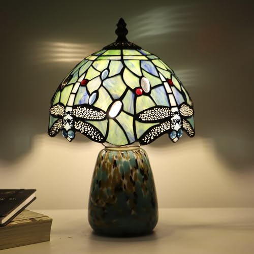 Tiffany Mushroom Table Lamp Dragonfly Style Sea Blue Stained Glass Accent Lamp Brown Blue Glass Base 8X8X12 Inch