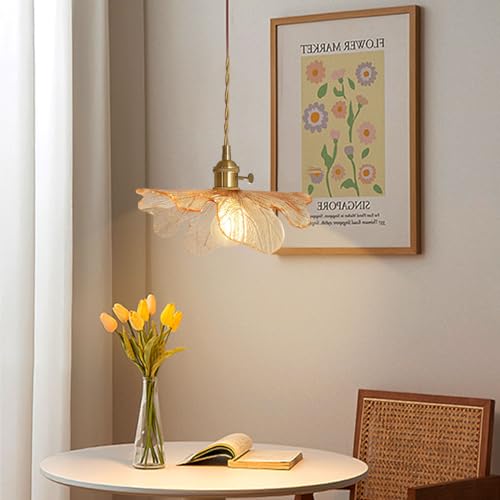 Mid Century Pendant Light for Kitchen with Blown Flower Amber Glass