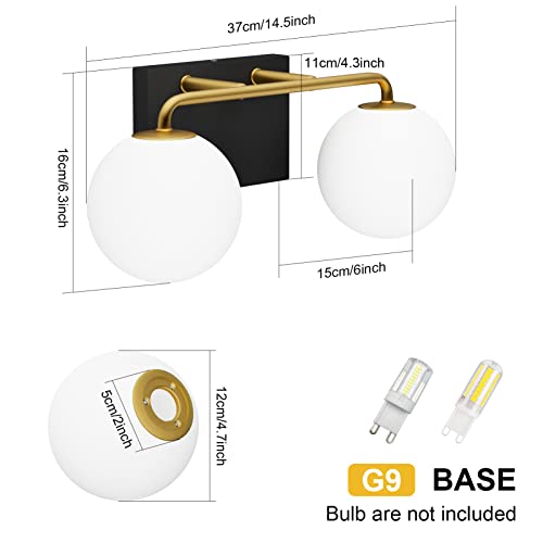 2 Lights Mid Century Vintage Bathroom Vanity Light Fixtures Over Mirror Black Gold Industrial Vanity Lights with Milk White Glass Globe Farmhouse Bath Lighting