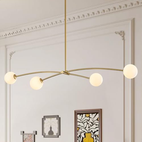Gold Sputnik Chandelier with Milk Glass Globe 4 Lights L51 Inch