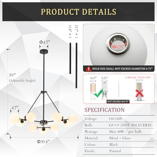 Modern 40" 9 Light Black Sputnik Chandelier with Milk Glass Globe