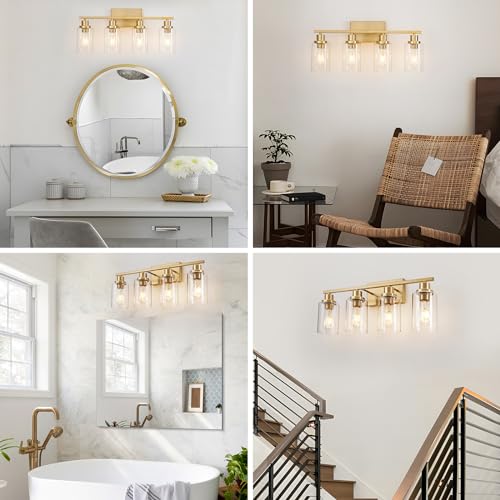 4 Light Gold Bathroom Light Fixtures Brushed Brass Vanity Light Over Mirror Modern Farmhouse Wall Lighting Sconces Wall Lamp for Bathroom