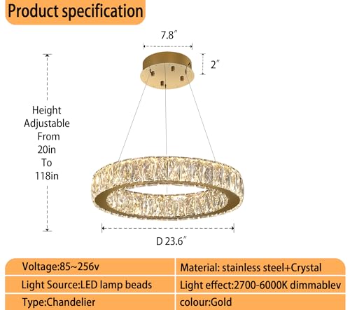Modern LED Dimmable Crystal Chandelier 23.6" Ring Pendant Light Adjustable Gold Round Crystal Chandelier for Dining Room Living Room