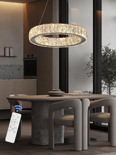 Modern LED 23.6" Ring Chandelier for Dining Room Living Room Dimmable Crystal Pendant Light Adjustable Round Chrome Crystal Chandelier