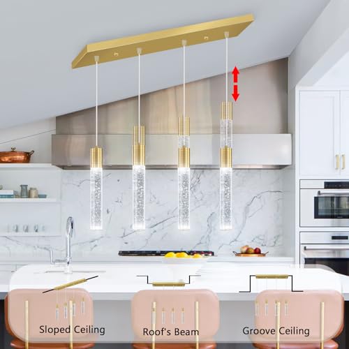 4 Lights Modern Crystal Chandeliers for Kitchen Island Mini Pendants Lighting Fixture LED Ceiling Light for Dining Room Living Room 6000K (4 Count)
