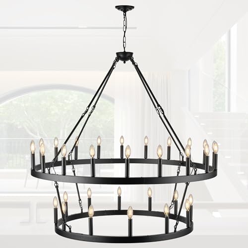 Rustic Farmhouse Black Wagon Wheel Chandelier Large Chandeliers for High Ceilings Kitchen Table Lighting 2 Tier 32 Lights 50 Inch for Dining Room Living Room Foyer Porch Kitchen Island