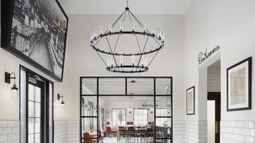 70 Inch Black Wagon Wheel Chandelier 2 Tier with Glass Shade
