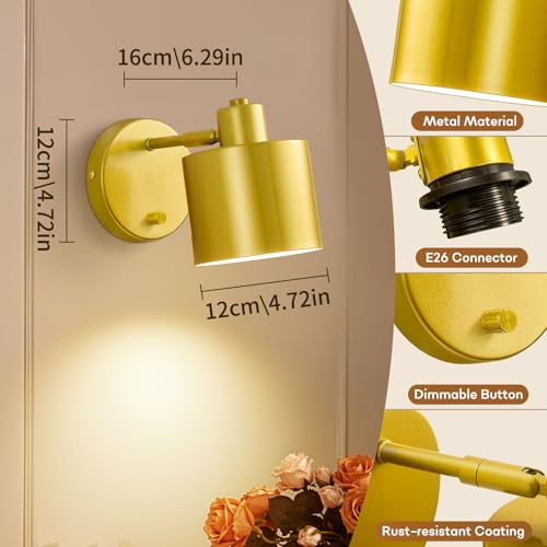 Dimmable Gold Hardwired Wall Sconce with Switch Set of 2