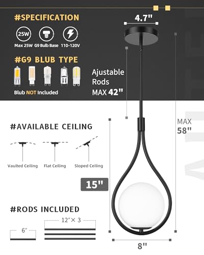 1 Light 8 Inch Glass Black Pendant Lights Kitchen Island