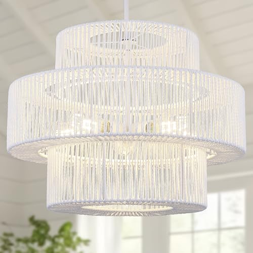 22" Farmhouse Rattan Chandeliers Large White Boho Light Fixtures for Dining Room Kitchen Island Living Room Foyer Hallway 5