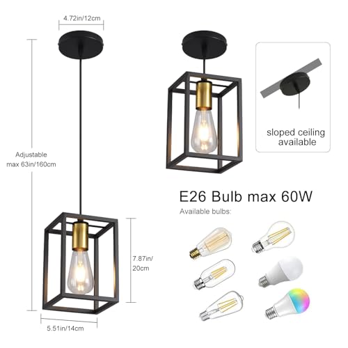 Black Pendant Lights for Kitchen Island Industrial Lantern Pendant Light Fixtures with Golden lamp Cup (3 Count)