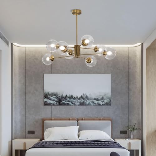 8 Light Modern Brass Gold Sputnik Chandelier with Clear Glass Globe