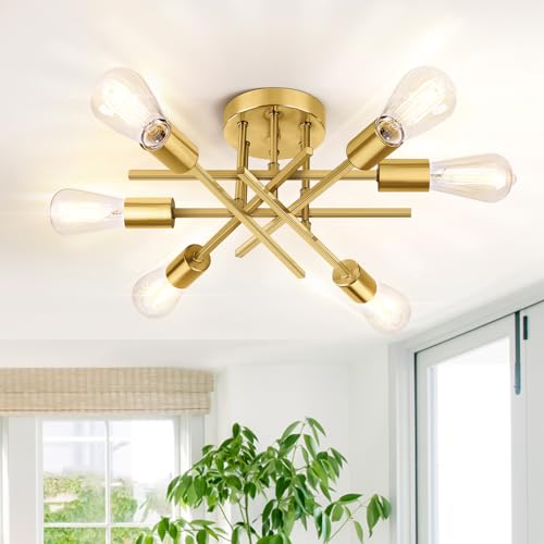 6 Light Gold Semi Flush Mount Ceiling Light Fixture