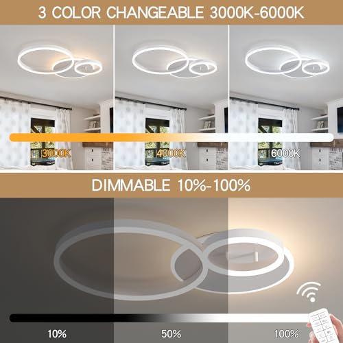 Modern 3 Ring LED Chandelier Lamp Fixture White 25.59''Dimmable Acrylic Flush Mount Ceiling Lights with Remote Control Ideal for Small Room