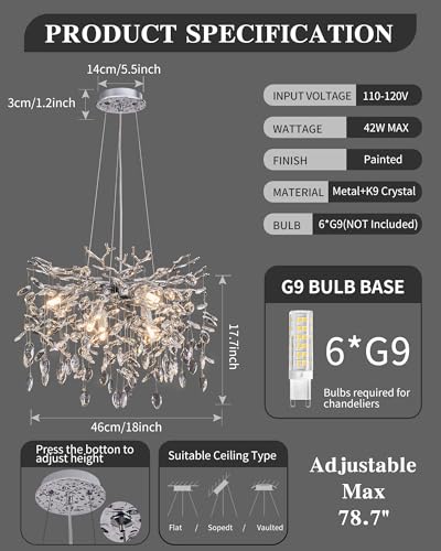 Modern Tree Branch Crystal Chandelier Luxury Silver Crystal Pendant Lighting 18" Contemporary 6 (6 Count)