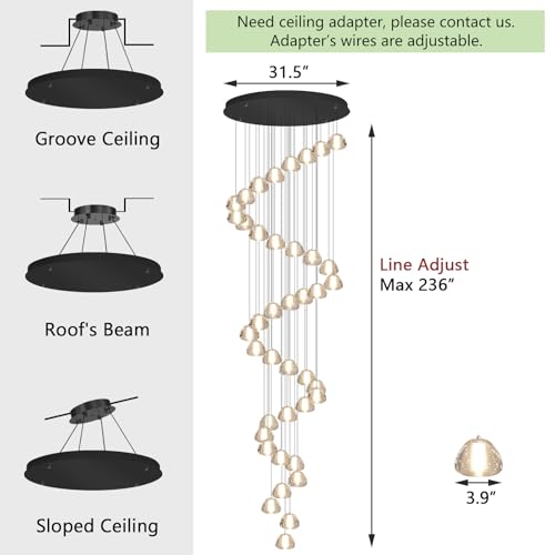 236'' Long Large Crystal Chandeliers LED Chandeliers for High Ceiling Handing Light Fixture for Entrance Hallway Foyer Staircase Lobby Black