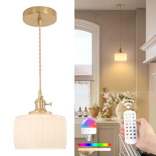 Battery Operated Pendant Light 5000mAh Rechargeable Chandelier with Remote Control Wireless Adjustable Hanging White Striped Light for Kitchen Island Dining Room Hallway