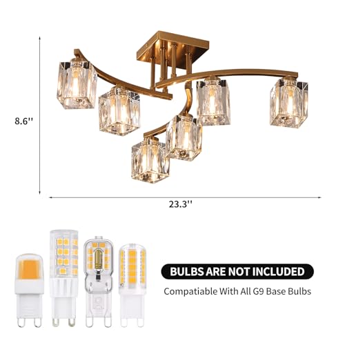 6 Light Modern Sputnik Ceiling Light Fixture Farmhouse Crystal Semi Flush Mount Ceiling Light Gold Chandeliers for Dining Room Living Room Kitchen Island Bedroom Entryway