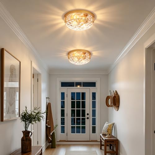 Gold 2 Light Ceiling Light Fixture with Hammered Glass