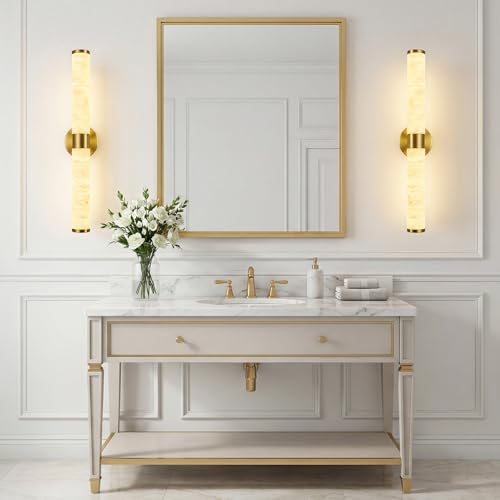 Natural Alabaster Wall Sconces Modern Gold LED Wall Lights 24" Spanish Marble Cylinder Sconces for Living Room Bedroom Bathroom Hallway