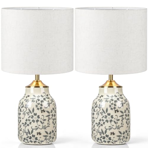 Set of 2 21" Chinoiserie Ceramic Lamps with Beige Linen Shades (2 Count)
