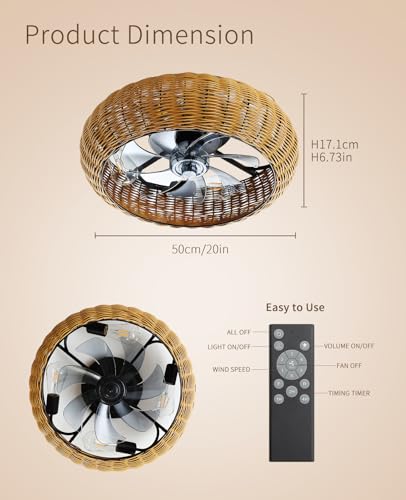 20" Boho PC Woven Low Profile Caged Ceiling Fan with Light and Remote (Brown / Medium)
