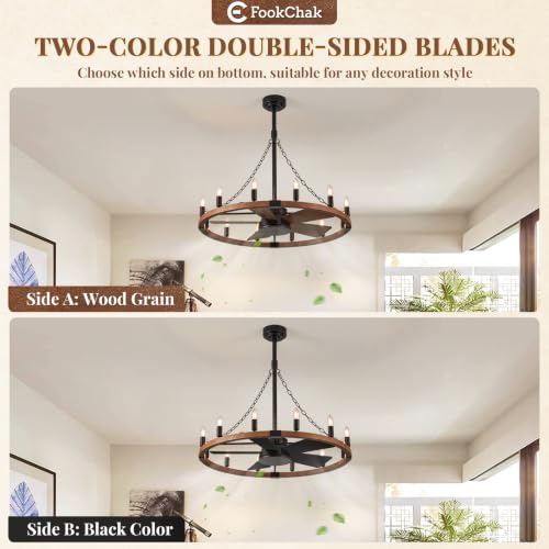 Rustic Wagon Wheel Chandelier with Fan Farmhouse Ceiling Fan Light 12