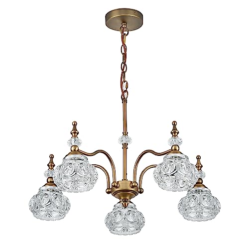 Vintage 5 Lights Gold Glass Pendant Lighting Rustic Style Chandelier Matte Brushed Antique Brass Finish with Crystal Glass Shade for Kitchen Island