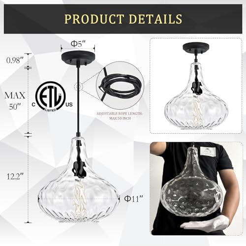 11" Clear Hammered Glass Pendant Light