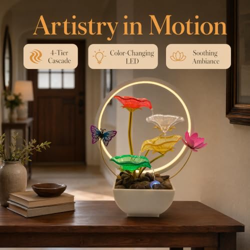 Tabletop Fountain Acrylic Lotus Indoor Fountain Water Feature for Zen Home Office Fengshui Decor Warm Light