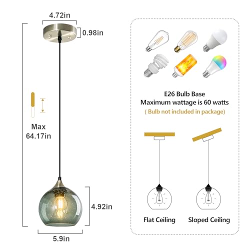 Gray Green Glass Pendant Lights Kitchen Island Lighting Globe Pendant Light Fixtures Modern Pendant Lighting for Kitchen Island Bedroom Living Dining Room Light Fixture (3 Count)