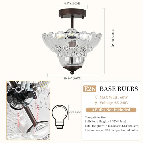 Vintage Oil Rubbed Bronze Semi Flush Mount Light with Floral Class Shade (Oil-Rubbed Bronze)