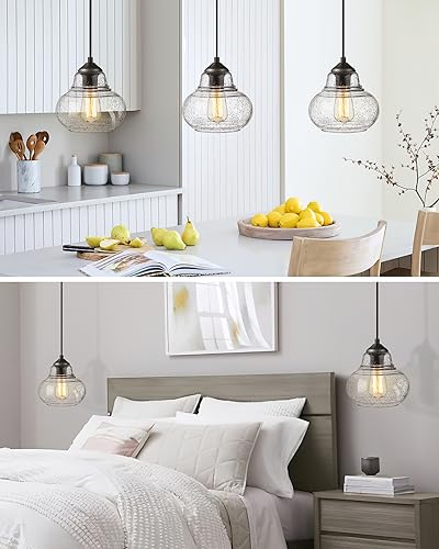 2 Pack Bubble Glass Pendant Light 8 inch Industrial Kitchen Hanging Pendant Light Fxitures Modern Hand Blown Seeded Glass for Farmhouse Dining Room Bar Bedroom Living Room Black (2 Count)