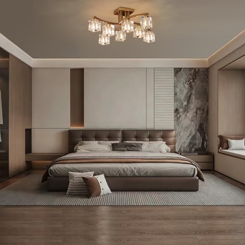 8 Light Modern Sputnik Ceiling Light Fixture Farmhouse Crystal Semi Flush Mount Ceiling Light Gold Chandeliers for Dining Room Living Room Kitchen Island Bedroom Entryway