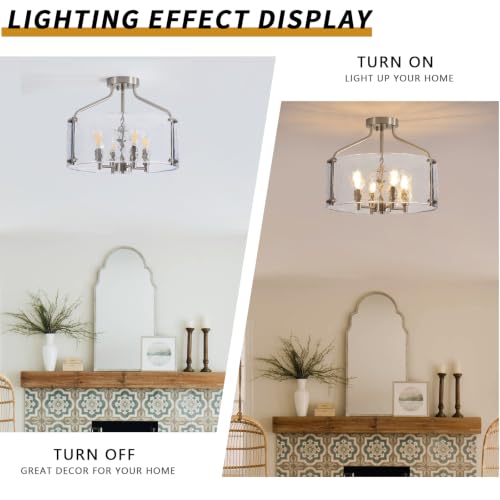 Brushed Nickel Semi Flush Mount Ceiling Light Fixture 16'' Glass Chandelier